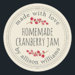 Christmas Homemade Cranberry Jam Antique White Classic Round Sticker<br><div class="desc">Rustic and modern homemade Christmas jam canning cranberry jam jar sticker with the text made with love, homemade cranberry jam and your name in modern stylish script typography on an antique white background with a stylish touch of cranberries. Simply add your name and the product name to the label. Exclusively...</div>