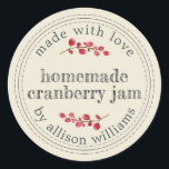 Christmas Homemade Cranberry Jam Can Antique White Classic Round Sticker<br><div class="desc">Rustic and modern homemade Christmas jam canning cranberry jam jar sticker with the text made with love, homemade cranberry jam and your name in modern script on an antique white background with a stylish touch of cranberries. Simply add your name and the product name to the label. Exclusively designed for...</div>