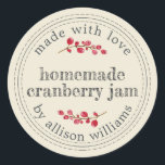 Christmas Homemade Cranberry Jam Can Antique White Classic Round Sticker<br><div class="desc">Rustic and modern homemade Christmas jam canning cranberry jam jar sticker with the text made with love, homemade cranberry jam and your name in modern script on an antique white background with a stylish touch of cranberries. Simply add your name and the product name to the label. Exclusively designed for...</div>