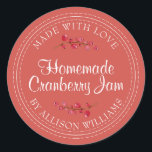 Christmas Homemade Cranberry Jam Can Autumn Red Classic Round Sticker<br><div class="desc">Rustic and modern homemade Christmas jam canning cranberry jam jar sticker with the text made with love, homemade cranberry jam and your name in modern script on an autumn red background with a stylish touch of cranberries. Simply add your name and the product name to the label. Exclusively designed for...</div>