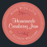 Christmas Homemade Cranberry Jam Can Autumn Red Classic Round Sticker<br><div class="desc">Rustic and modern homemade Christmas jam canning cranberry jam jar sticker with the text made with love, homemade cranberry jam and your name in modern script on an autumn red background with a stylish touch of cranberries. Simply add your name and the product name to the label. Exclusively designed for...</div>
