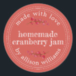 Christmas Homemade Cranberry Jam Can Autumn Red Classic Round Sticker<br><div class="desc">Rustic and modern homemade Christmas jam canning cranberry jam jar sticker with the text made with love, homemade cranberry jam and your name in modern script on an autumn red background with a stylish touch of cranberries. Simply add your name and the product name to the label. Exclusively designed for...</div>