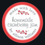 Christmas Homemade Cranberry Jam Can Bright Red Classic Round Sticker<br><div class="desc">Rustic and modern homemade Christmas jam canning cranberry jam jar sticker with the text made with love, homemade cranberry jam and your name in modern script on a bright red background with a stylish touch of cranberries. Simply add your name and the product name to the label. Exclusively designed for...</div>