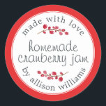 Christmas Homemade Cranberry Jam Can Bright Red Classic Round Sticker<br><div class="desc">Rustic and modern homemade Christmas jam canning cranberry jam jar sticker with the text made with love, homemade cranberry jam and your name in modern script on a bright red background with a stylish touch of cranberries. Simply add your name and the product name to the label. Exclusively designed for...</div>