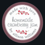 Christmas Homemade Cranberry Jam Can Burgundy Classic Round Sticker<br><div class="desc">Rustic and modern homemade Christmas jam canning cranberry jam jar sticker with the text made with love, homemade cranberry jam and your name in modern script on a burgundy background with a stylish touch of cranberries. Simply add your name and the product name to the label. Exclusively designed for you...</div>