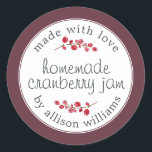 Christmas Homemade Cranberry Jam Can Burgundy Classic Round Sticker<br><div class="desc">Rustic and modern homemade Christmas jam canning cranberry jam jar sticker with the text made with love, homemade cranberry jam and your name in modern script on a burgundy background with a stylish touch of cranberries. Simply add your name and the product name to the label. Exclusively designed for you...</div>