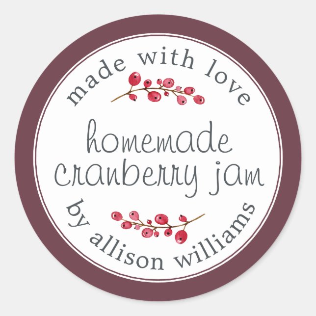 Christmas Homemade Cranberry Jam Can Burgundy Classic Round Sticker (Front)