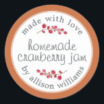 Christmas Homemade Cranberry Jam Can Burnt Orange Classic Round Sticker<br><div class="desc">Rustic and modern homemade Christmas jam canning cranberry jam jar sticker with the text made with love, homemade cranberry jam and your name in modern script on a burnt orange background with a stylish touch of cranberries. Simply add your name and the product name to the label. Exclusively designed for...</div>