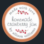 Christmas Homemade Cranberry Jam Can Burnt Orange Classic Round Sticker<br><div class="desc">Rustic and modern homemade Christmas jam canning cranberry jam jar sticker with the text made with love, homemade cranberry jam and your name in modern script on a burnt orange background with a stylish touch of cranberries. Simply add your name and the product name to the label. Exclusively designed for...</div>