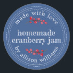 Christmas Homemade Cranberry Jam Can Classic Blue Classic Round Sticker<br><div class="desc">Rustic and modern homemade Christmas jam canning cranberry jam jar sticker with the text made with love, homemade cranberry jam and your name in modern script on a classic blue background with a stylish touch of cranberries. Simply add your name and the product name to the label. Exclusively designed for...</div>