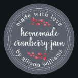 Christmas Homemade Cranberry Jam Can Dark Blue Classic Round Sticker<br><div class="desc">Rustic and modern homemade Christmas jam canning cranberry jam jar sticker with the text made with love, homemade cranberry jam and your name in white chic script calligraphy and modern typography on a charcoal dark blue background with a stylish touch of cranberries. Simply add your name and the product name...</div>