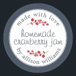 Christmas Homemade Cranberry Jam Can Dark Blue Classic Round Sticker<br><div class="desc">Rustic and modern homemade Christmas jam canning cranberry jam jar sticker with the text made with love, homemade cranberry jam and your name in modern script on a dark blue background with a stylish touch of cranberries. Simply add your name and the product name to the label. Exclusively designed for...</div>