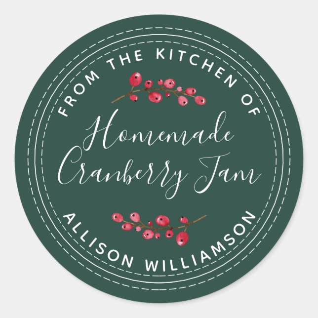 Christmas Homemade Cranberry Jam Can Dark Green Classic Round Sticker (Front)