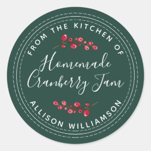 Christmas Homemade Cranberry Jam Can Dark Green Classic Round Sticker