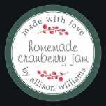 Christmas Homemade Cranberry Jam Can Dark Green Classic Round Sticker<br><div class="desc">Rustic and modern homemade Christmas jam canning cranberry jam jar sticker with the text made with love, homemade cranberry jam and your name in modern script on a dark green background with a stylish touch of cranberries. Simply add your name and the product name to the label. Exclusively designed for...</div>