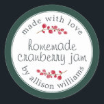 Christmas Homemade Cranberry Jam Can Dark Green Classic Round Sticker<br><div class="desc">Rustic and modern homemade Christmas jam canning cranberry jam jar sticker with the text made with love, homemade cranberry jam and your name in modern script on a dark green background with a stylish touch of cranberries. Simply add your name and the product name to the label. Exclusively designed for...</div>