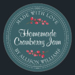 Christmas Homemade Cranberry Jam Can Deep Teal Classic Round Sticker<br><div class="desc">Rustic and modern homemade Christmas jam canning cranberry jam jar sticker with the text made with love, homemade cranberry jam and your name in modern script on a deep teal background with a stylish touch of cranberries. Simply add your name and the product name to the label. Exclusively designed for...</div>