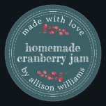 Christmas Homemade Cranberry Jam Can Deep Teal Classic Round Sticker<br><div class="desc">Rustic and modern homemade Christmas jam canning cranberry jam jar sticker with the text made with love, homemade cranberry jam and your name in modern script on a deep teal background with a stylish touch of cranberries. Simply add your name and the product name to the label. Exclusively designed for...</div>
