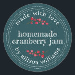 Christmas Homemade Cranberry Jam Can Deep Teal Classic Round Sticker<br><div class="desc">Rustic and modern homemade Christmas jam canning cranberry jam jar sticker with the text made with love, homemade cranberry jam and your name in modern script on a deep teal background with a stylish touch of cranberries. Simply add your name and the product name to the label. Exclusively designed for...</div>
