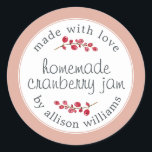 Christmas Homemade Cranberry Jam Can Dusty Pink Classic Round Sticker<br><div class="desc">Rustic and modern homemade Christmas jam canning cranberry jam jar sticker with the text made with love, homemade cranberry jam and your name in modern script on a dusty pink background with a stylish touch of cranberries. Simply add your name and the product name to the label. Exclusively designed for...</div>