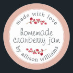 Christmas Homemade Cranberry Jam Can Dusty Pink Classic Round Sticker<br><div class="desc">Rustic and modern homemade Christmas jam canning cranberry jam jar sticker with the text made with love, homemade cranberry jam and your name in modern script on a dusty pink background with a stylish touch of cranberries. Simply add your name and the product name to the label. Exclusively designed for...</div>