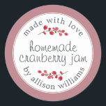 Christmas Homemade Cranberry Jam Can Dusty Purple Classic Round Sticker<br><div class="desc">Rustic and modern homemade Christmas jam canning cranberry jam jar sticker with the text made with love, homemade cranberry jam and your name in modern script on a dusty rose purple background with a stylish touch of cranberries. Simply add your name and the product name to the label. Exclusively designed...</div>