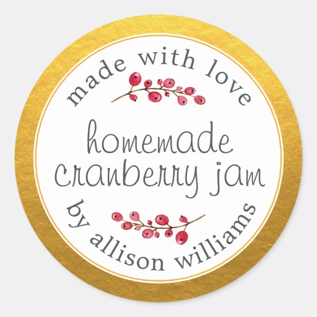 Christmas Homemade Cranberry Jam Can Gold Classic  Classic Round Sticker (Front)