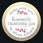 Christmas Homemade Cranberry Jam Can Gold Classic Round Sticker<br><div class="desc">Rustic and modern homemade Christmas jam canning cranberry jam jar sticker with the text made with love, homemade cranberry jam and your name in modern script on a champagne gold background with a stylish touch of cranberries. Simply add your name and the product name to the label. Exclusively designed for...</div>