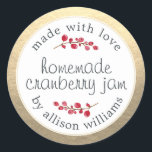 Christmas Homemade Cranberry Jam Can Gold Classic Round Sticker<br><div class="desc">Rustic and modern homemade Christmas jam canning cranberry jam jar sticker with the text made with love, homemade cranberry jam and your name in modern script on a champagne gold background with a stylish touch of cranberries. Simply add your name and the product name to the label. Exclusively designed for...</div>
