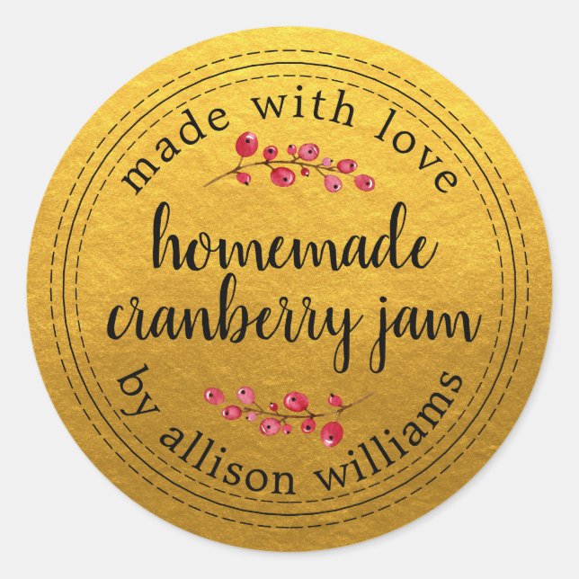 Christmas Homemade Cranberry Jam Can Gold Classic Round Sticker (Front)