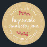 Christmas Homemade Cranberry Jam Can Gold Yellow Classic Round Sticker<br><div class="desc">Rustic and modern homemade Christmas jam canning cranberry jam jar sticker with the text made with love, homemade cranberry jam and your name in white chic script calligraphy and modern typography on a gold yellow background with a stylish touch of cranberries. Simply add your name and the product name to...</div>