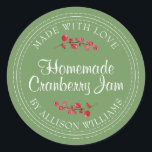 Christmas Homemade Cranberry Jam Can Meadow Green Classic Round Sticker<br><div class="desc">Rustic and modern homemade Christmas jam canning cranberry jam jar sticker with the text made with love, homemade cranberry jam and your name in modern script on a meadow green background with a stylish touch of cranberries. Simply add your name and the product name to the label. Exclusively designed for...</div>