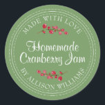 Christmas Homemade Cranberry Jam Can Meadow Green Classic Round Sticker<br><div class="desc">Rustic and modern homemade Christmas jam canning cranberry jam jar sticker with the text made with love, homemade cranberry jam and your name in modern script on a meadow green background with a stylish touch of cranberries. Simply add your name and the product name to the label. Exclusively designed for...</div>