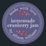 Christmas Homemade Cranberry Jam Can Navy Blue Classic Round Sticker<br><div class="desc">Rustic and modern homemade Christmas jam canning cranberry jam jar sticker with the text made with love, homemade cranberry jam and your name in modern script on a navy blue background with a stylish touch of cranberries. Simply add your name and the product name to the label. Exclusively designed for...</div>