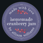 Christmas Homemade Cranberry Jam Can Navy Blue Classic Round Sticker<br><div class="desc">Rustic and modern homemade Christmas jam canning cranberry jam jar sticker with the text made with love, homemade cranberry jam and your name in modern script on a navy blue background with a stylish touch of cranberries. Simply add your name and the product name to the label. Exclusively designed for...</div>