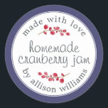 Christmas Homemade Cranberry Jam Can Navy Blue Classic Round Sticker<br><div class="desc">Rustic and modern homemade Christmas jam canning cranberry jam jar sticker with the text made with love, homemade cranberry jam and your name in modern script on a navy blue background with a stylish touch of cranberries. Simply add your name and the product name to the label. Exclusively designed for...</div>
