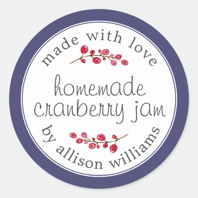 Christmas Homemade Cranberry Jam Can Navy Blue Classic Round Sticker (Front)