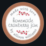 Christmas Homemade Cranberry Jam Can Terracotta Classic Round Sticker<br><div class="desc">Rustic and modern homemade Christmas jam canning cranberry jam jar sticker with the text made with love, homemade cranberry jam and your name in modern script on a terracotta background with a stylish touch of cranberries. Simply add your name and the product name to the label. Exclusively designed for you...</div>