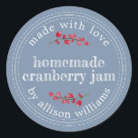 Christmas Homemade Cranberry Jam Can Vintage Blue Classic Round Sticker<br><div class="desc">Rustic and modern homemade Christmas jam canning cranberry jam jar sticker with the text made with love, homemade cranberry jam and your name in modern script on a vintage blue background with a stylish touch of cranberries. Simply add your name and the product name to the label. Exclusively designed for...</div>
