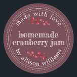 Christmas Homemade Cranberry Jam Canning Burgundy Classic Round Sticker<br><div class="desc">Rustic and modern homemade Christmas jam canning cranberry jam jar sticker with the text made with love, homemade cranberry jam and your name in modern script on a burgundy background with a stylish touch of cranberries. Simply add your name and the product name to the label. Exclusively designed for you...</div>