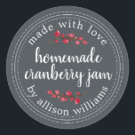 Christmas Homemade Cranberry Jam Canning Classic Round Sticker<br><div class="desc">Rustic and modern homemade Christmas jam canning cranberry jam jar sticker with the text made with love, homemade cranberry jam and your name in white chic script calligraphy and modern typography on an off-black background with a stylish touch of cranberries. Simply add your name and the product name to the...</div>