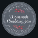 Christmas Homemade Cranberry Jam Canning Dark Blue Classic Round Sticker<br><div class="desc">Rustic and modern homemade Christmas jam canning cranberry jam jar sticker with the text made with love, homemade cranberry jam and your name in modern script on a dark blue background with a stylish touch of cranberries. Simply add your name and the product name to the label. Exclusively designed for...</div>