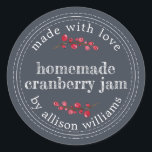 Christmas Homemade Cranberry Jam Canning Dark Blue Classic Round Sticker<br><div class="desc">Rustic and modern homemade Christmas jam canning cranberry jam jar sticker with the text made with love, homemade cranberry jam and your name in modern script on a dark blue background with a stylish touch of cranberries. Simply add your name and the product name to the label. Exclusively designed for...</div>