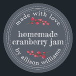 Christmas Homemade Cranberry Jam Canning Dark Blue Classic Round Sticker<br><div class="desc">Rustic and modern homemade Christmas jam canning cranberry jam jar sticker with the text made with love, homemade cranberry jam and your name in modern script on a dark blue background with a stylish touch of cranberries. Simply add your name and the product name to the label. Exclusively designed for...</div>