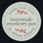 Christmas Homemade Cranberry Jam Canning Green Classic Round Sticker<br><div class="desc">Rustic and modern homemade Christmas jam canning cranberry jam jar sticker with the text made with love, homemade cranberry jam and your name in modern script on a pastel green background with a stylish touch of cranberries. Simply add your name and the product name to the label. Exclusively designed for...</div>