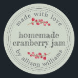 Christmas Homemade Cranberry Jam Canning Green Classic Round Sticker<br><div class="desc">Rustic and modern homemade Christmas jam canning cranberry jam jar sticker with the text made with love, homemade cranberry jam and your name in modern script on a pastel green background with a stylish touch of cranberries. Simply add your name and the product name to the label. Exclusively designed for...</div>
