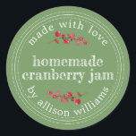 Christmas Homemade Cranberry Jam Canning Green Classic Round Sticker<br><div class="desc">Rustic and modern homemade Christmas jam canning cranberry jam jar sticker with the text made with love, homemade cranberry jam and your name in modern script on a meadow green background with a stylish touch of cranberries. Simply add your name and the product name to the label. Exclusively designed for...</div>