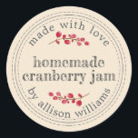 Christmas Homemade Cranberry Jam Canning Ivory Classic Round Sticker<br><div class="desc">Rustic and modern homemade Christmas jam canning cranberry jam jar sticker with the text made with love, homemade cranberry jam and your name in modern script on an ivory background with a stylish touch of cranberries. Simply add your name and the product name to the label. Exclusively designed for you...</div>