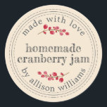 Christmas Homemade Cranberry Jam Canning Ivory Classic Round Sticker<br><div class="desc">Rustic and modern homemade Christmas jam canning cranberry jam jar sticker with the text made with love, homemade cranberry jam and your name in modern script on an ivory background with a stylish touch of cranberries. Simply add your name and the product name to the label. Exclusively designed for you...</div>