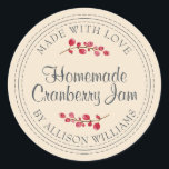 Christmas Homemade Cranberry Jam Canning Ivory Classic Round Sticker<br><div class="desc">Rustic and modern homemade Christmas jam canning cranberry jam jar sticker with the text made with love, homemade cranberry jam and your name in modern script on an ivory background with a stylish touch of cranberries. Simply add your name and the product name to the label. Exclusively designed for you...</div>
